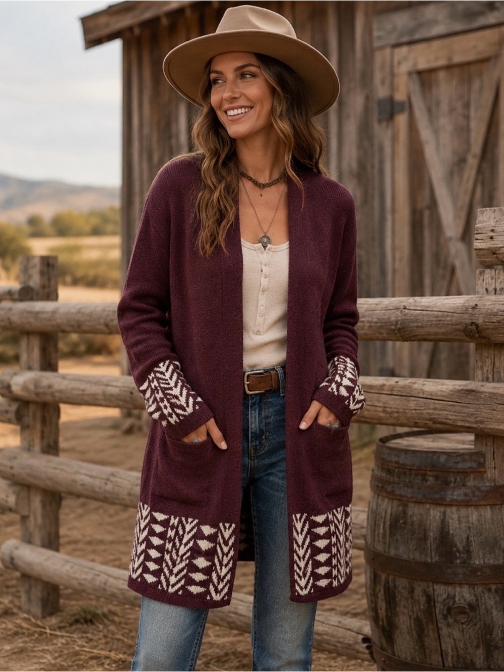 Frye Burgundy Longline Geometric Cardigan Medium Cozy Warm Knit Southwestern